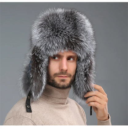 New Winter Men's 100% Real Silver Fox Fur Bomber Hat Raccoon Fur Ushanka Cap Trapper Russian Man Ski Hats Caps Real Leather Hat