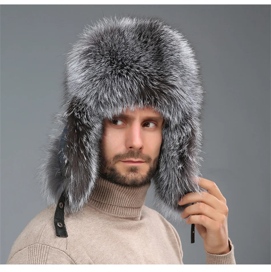 New Winter Men's 100% Real Silver Fox Fur Bomber Hat Raccoon Fur Ushanka Cap Trapper Russian Man Ski Hats Caps Real Leather Hat