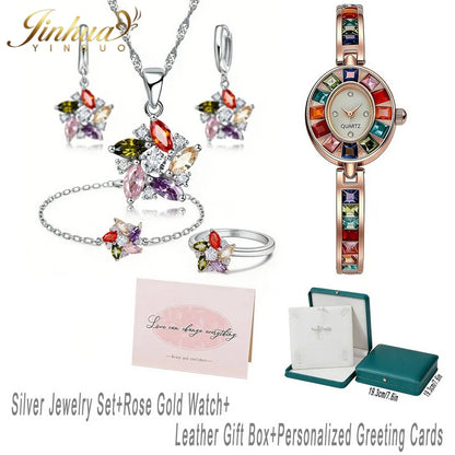 26 Wellness Jewelry Set 925 Sterling Silver Windmill Colorful Good Lucky CZ Necklace Earrings Bracelet Ring+Gift Box For Women