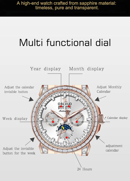OBLVLO Men's Fashion Automatic Watch Colorful Zircon Moonphase Mechanical Multifunctional Black Leather Strap Timepiece...