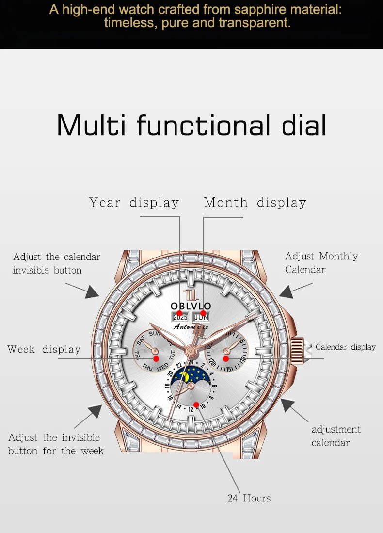 OBLVLO Men's Fashion Automatic Watch Colorful Zircon Moonphase Mechanical Multifunctional Black Leather Strap Timepiece...
