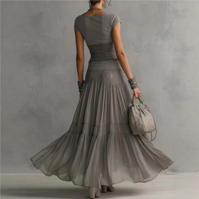 Chic Women Maxi Dress 2 Pieces Sets Solid Slim Fit Short Sleeved Top with Lace Splice Drawstring Elasticity High Waisted Skirt