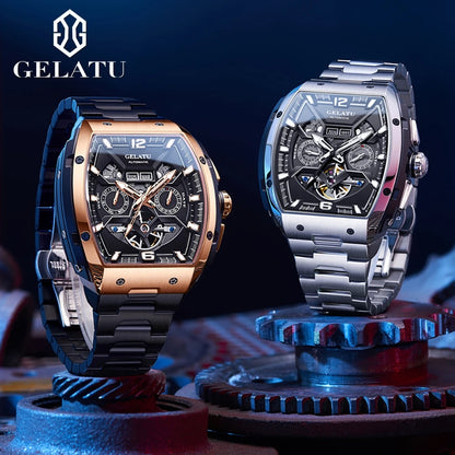 Reloj Hombre Watches Mens GELATU Top Brand Luxury Rose Black Skeleton Tourbillon Automatic Mechanical Watch for Men...