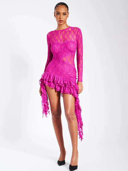 Kimlud Dresses - Articat Sexy Lace Ruffle Dress Women Long Sleeve Open Back Transparent Female Elegant Evening Dress Irregula