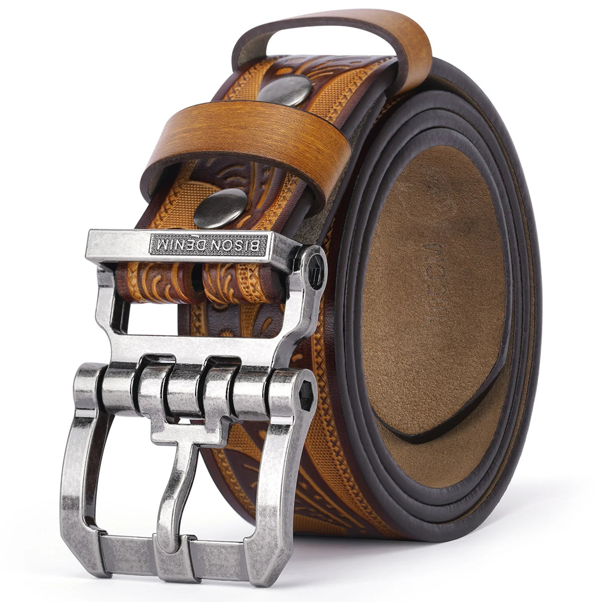 BISON DENIM Men Belts Cow Split Genuine Leather Pin Buckle Business Waist Straps Vintage Pin Buckle Fancy Male Belt For Jeans - Kimlud