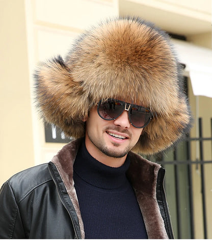 2025 Winter 100% Real Silver Fox Fur Bomber Hat Raccoon Fur Ushanka Cap Trapper Russian Men's Ski Hats Caps
