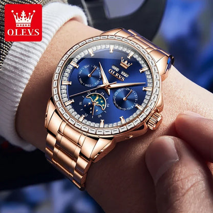 OLEVS 6695 NEW Men's Watches Full Multifunctional Dial Blue Leather Strap Calendar Week Moon Phase Waterproof Wristwatch...