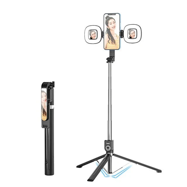 1.7M Extendable live Tripod Selfie Stick Support LED Ring Dual light mirror Stand 4 in 1 Phone Mount for Android IOS Cell Phone
