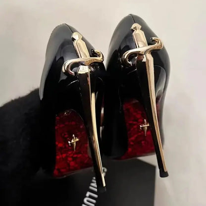 2026 Early New High Heels Women's Fine Heels Pointed Metal Swords Sexy Queen Black Lacquer Leather Single Shoes | Kimlud...