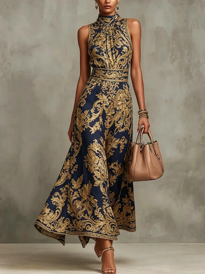 Baroque Print Halter Neck Maxi Dress Sleeveless High Waist A-Line Formal Evening Gown Elegant Vintage Party Dress for Women