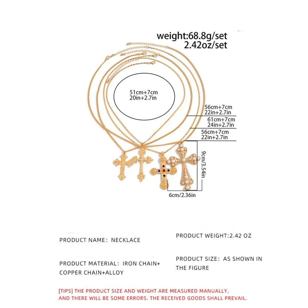 Geometric Ethnic Style Men Necklace Silver Pearl Cross Pendant Necklace Jewelry Accessories Golden Rhinestone Necklace Women