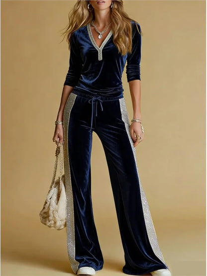 Spring Autumn Women's Fashion Velvet Pants 2-Piece Set Spliced V Neck Long Sleeve Elastic Waist Tie Casual Sports Pants Suit - Kimlud