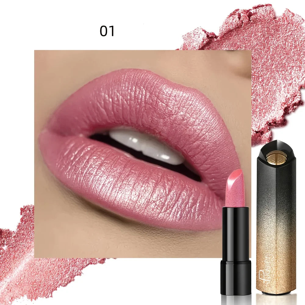 Pudaier Pearly Metallic Shimmer Lipstick, Glitter Shine Finish, Creamy Smooth Texture, High Pigment Party Makeup