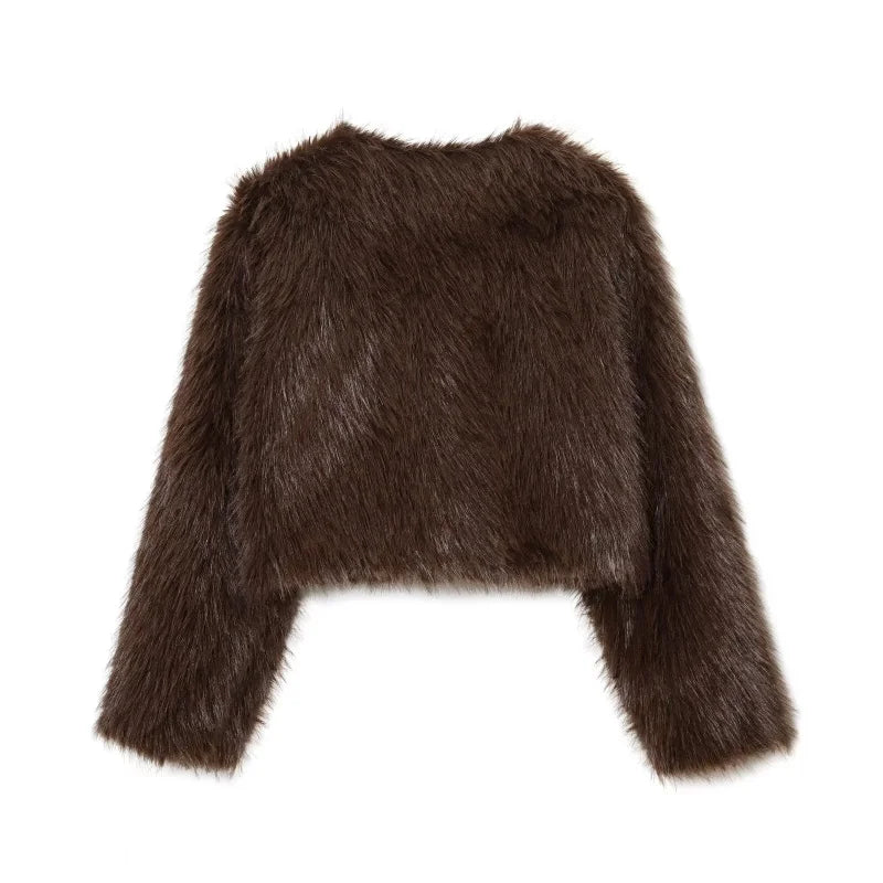 Faux fur jacket 2025 Fall/Winter New Fashion Women's Faux Fur Effect Round Neck Long Sleeve Short Jacket