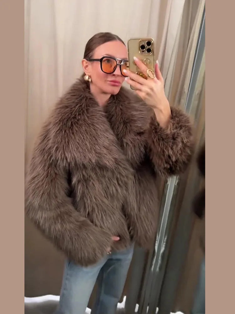 Luxury Thick Faux Fur Coat for Women Warm Soft Lapel Long Sleeve Eco-Friendly Outerwear for Autumn Winter Lady's Fur Coat
