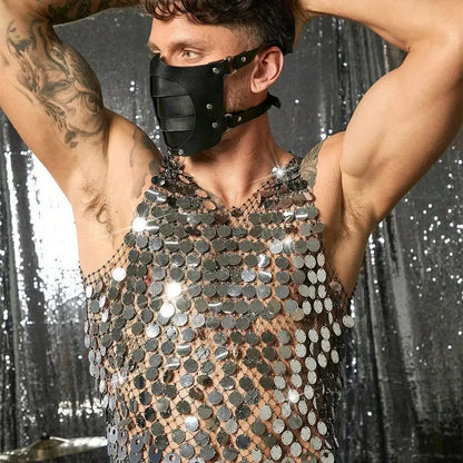 Sparkling Diamond Cut-Out See-Through Vest For Men - New Summer Style Sexy Nightclub Party Fishnet Beaded Outerwear Top - Kimlud
