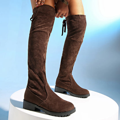 2024 New Women Boots Winter brown Over The Knee Boots Comfort Lace Up Chunky High Heels Shoes Fashion Warm Suede Round Toe Boots