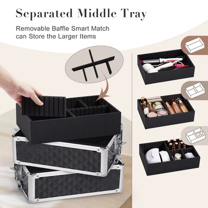 Rolling Makeup Train Case Cosmetic Trolley 4 in 1 Large Capacity Makeup Travel Case with Key  Wheels Salon Barber Case Traveling