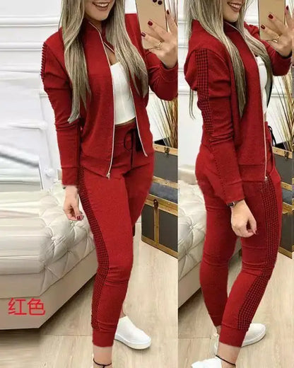 Autumn Winter Women's Sports Zipper Plaid Tracksuits Elegant Retro Jacket Coat And Drawstring Pants Two Piece Set Women...