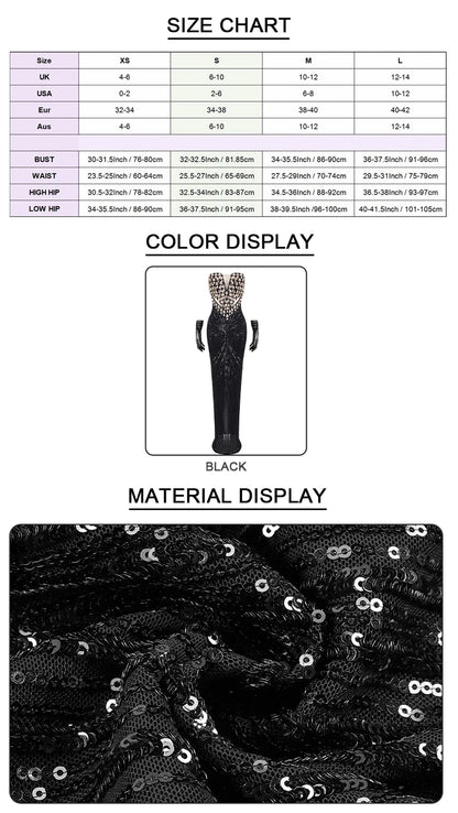 VC Black Strapless Diamonds Pearl Mermaid Long Dress Deep V Plunge Bodycon Elegant Party Evening Gowns Vestidos with Gloves