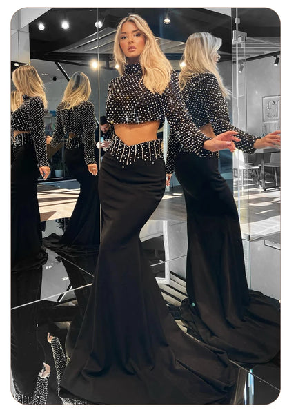 VC Glam Black Long Sleeves Beaded Crop Top & Mermaid Skirt Two Pieces Dress Set for Evening Glamour Gown