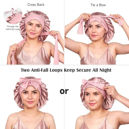 100% 19 Momme Mulberry Silk Bonnet for Sleeping Wome with Larger Double Layer Silk Hair Wrap for Curly Short Long Hair Non-Slip
