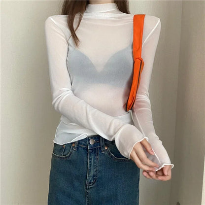 Sexy Women T Shirt See Through Transparent Mesh Tops Long Sleeve Sheer Slim Ladies Solid Turtleneck Silk T-Shirt Lace Crop Top