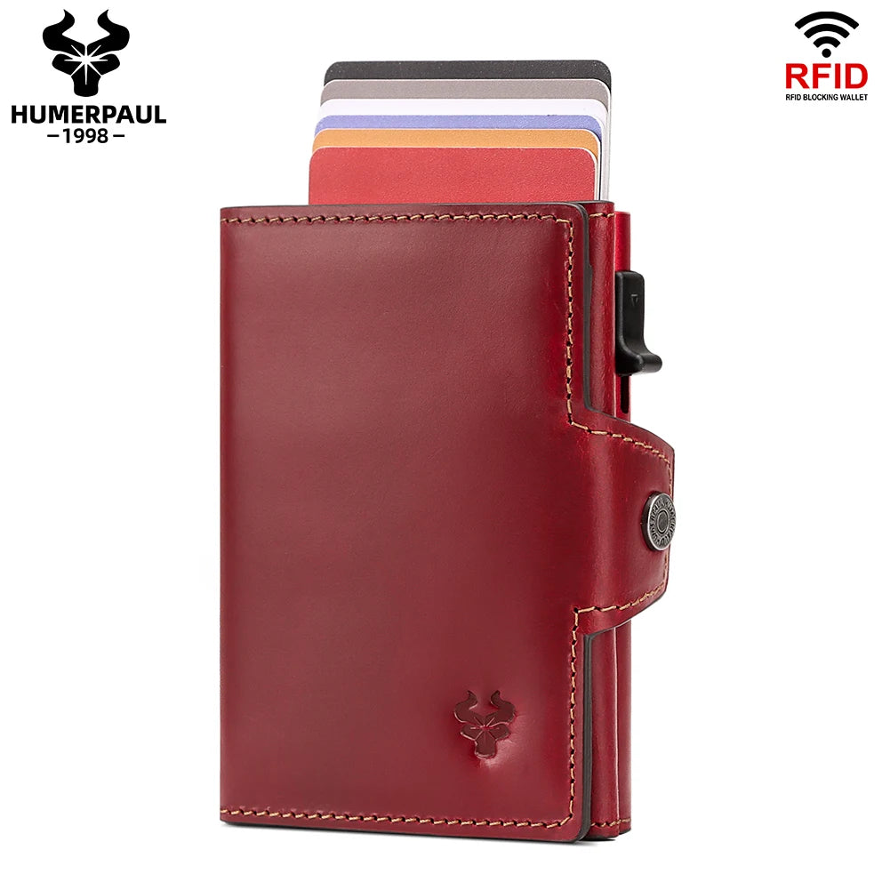 HUMERPAUL Men Card Holder with Money Pocket Crazy Horse Leather Pop Up Minimalist Wallet RFID Blocking Slim Metal Bank Card Case