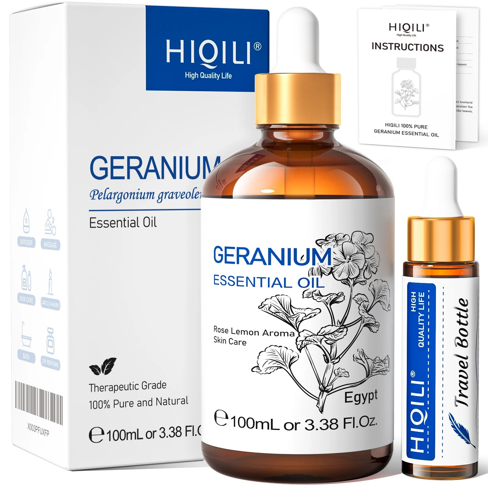 HIQILI Ylang-Ylang Essential Oil 100ML Citronella Geranium 100% Natural Tree Oil for Skin Massage Stress Relief & Aromatherapy