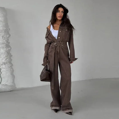 Chic Denim Women's Jumpsuit Turn-Down Collar Lace Up Full Sleeve Lady Long Jumpsuits 2026 Spring Casual Female Streetwear - Kimlud
