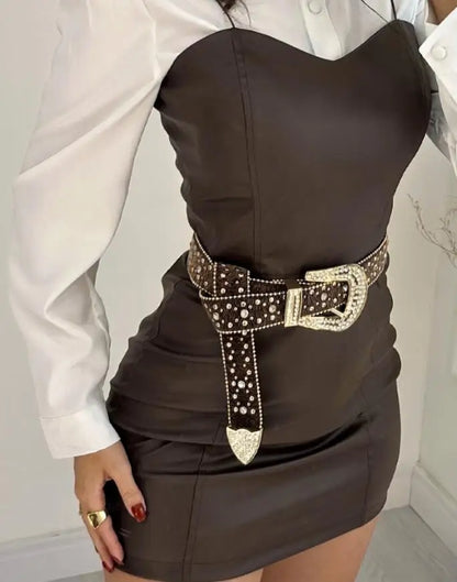 Two Piece Set Women Outfit 2025 Spring New Turn-Down Collar Long Sleeve Blouses & Casual Spaghetti Straps PU Leather Skirt - Kimlud