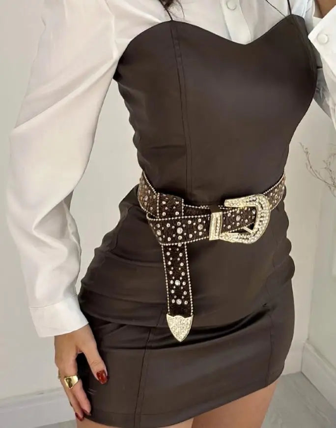 Two Piece Set Women Outfit 2025 Spring New Turn-Down Collar Long Sleeve Blouses & Casual Spaghetti Straps PU Leather Skirt - Kimlud