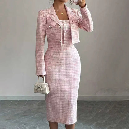 2026 European and American Two-Piece Dress Set with Reversible Collar, Long Sleeves, Short Length, Check Pattern Jacket, and Pet