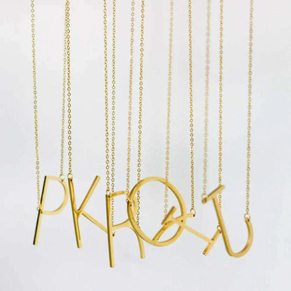 LUXUSTEEL Stainless Steel Large Initial Necklaces For Women Sideways Big 26 Letter A-Z Golden Color Monogram Alphabet Collar