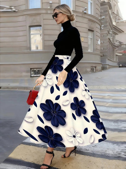 Printed Design suitable for all four seasons Blue White Floral Pattern Print vacation style elegant style Women's Skirt...
