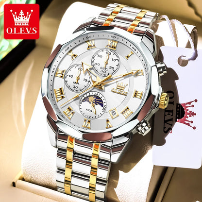 OLEVS 3675 Mens Watch Original Business Brand Quartz Watch Multifunctional Chronograph Waterproof Moon Phase Watch For Man New