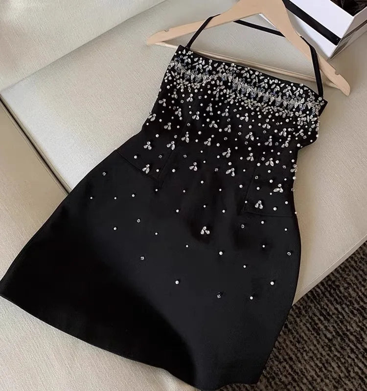 Spring Women Sleeveless Slash Neck Mini Dress New Luxury Diamonds Chest Wrapping Dresses Summer High Waist Backless A-line Dress