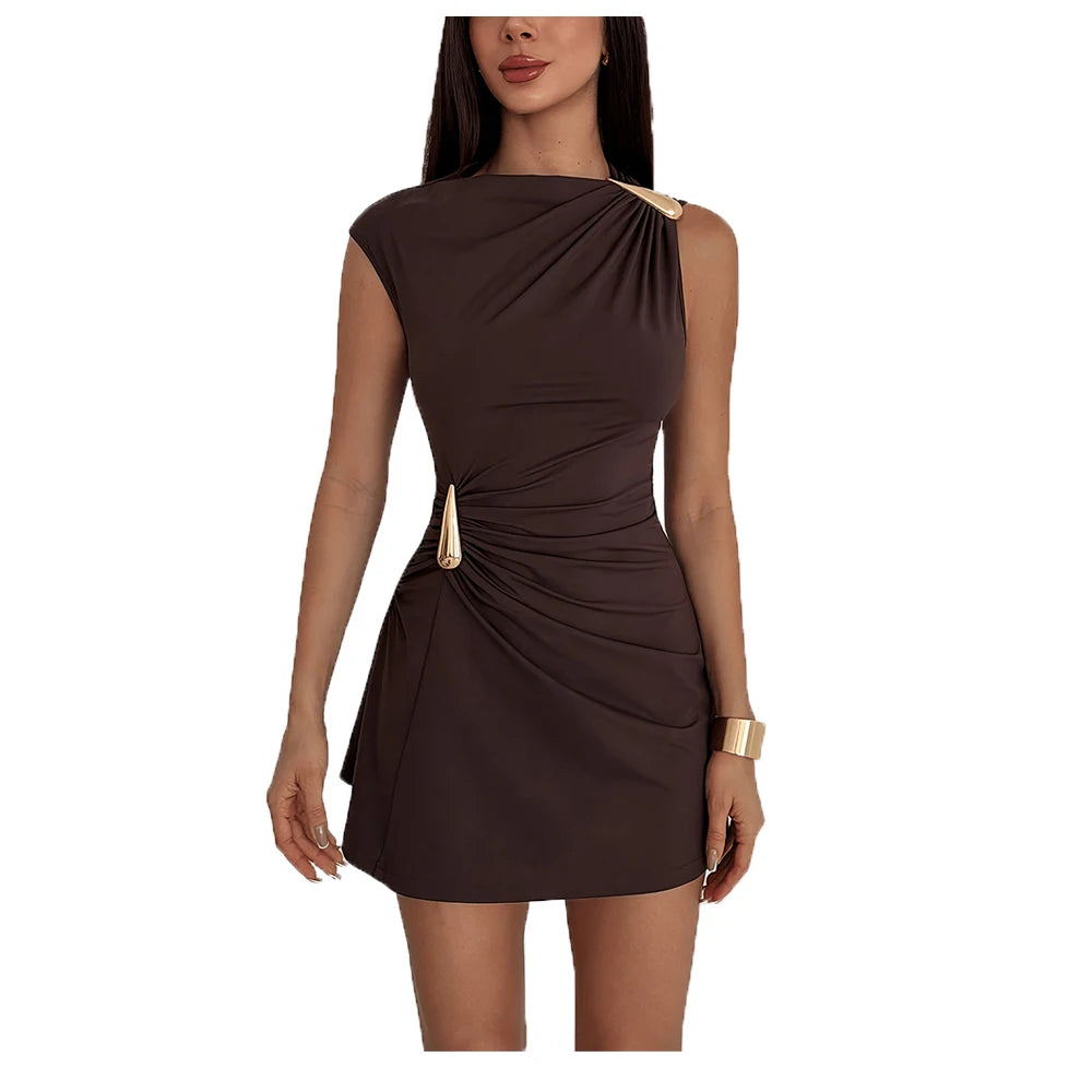 Women's Casual Style Sleeveless Pleated Mini Dress Form-Fitting Knitted Fabric Asymmetric Neck Design - Kimlud