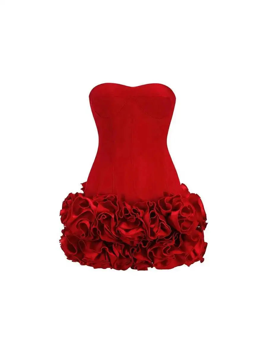 Red Solid Spliced Appliques Slim Backless Short Dresses For Women Strapless Sleevelss Patchwork Lace Up Dress Female Sexy LSW7