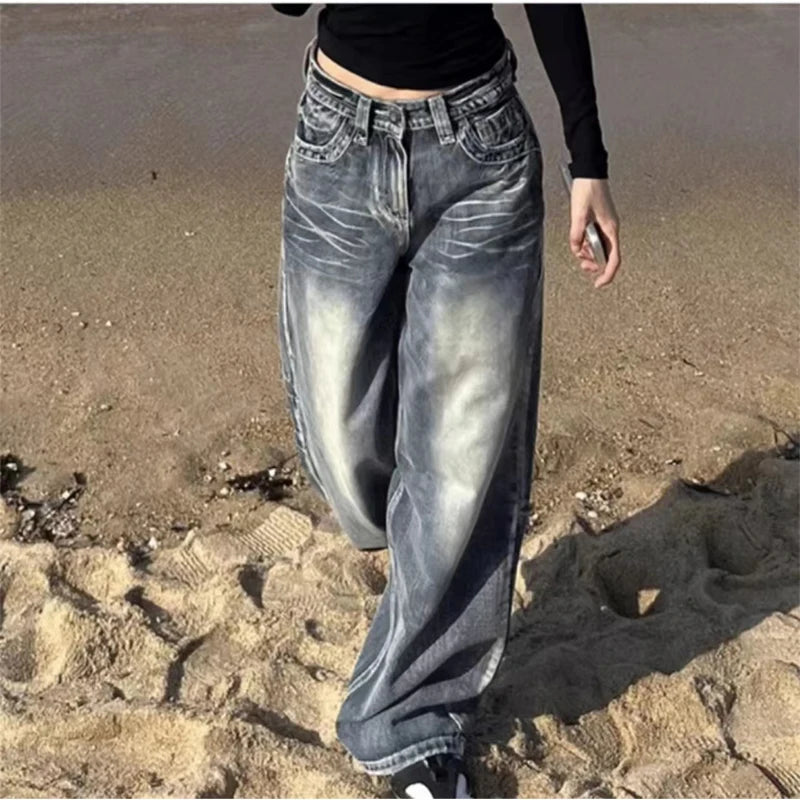 Women's Vintage Baggy Blue Jeans High Waist Denim Trousers Korean 2000s Y2k Harajuku 90s Aesthetic Oversize Pants Trashy Clothes