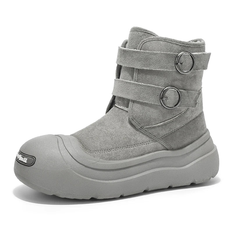 Men's Thick-Soled Snow Boots, Winter Fleece-Lined Warm Outdoor Anti-Slip Snow Boots, Double Buckle Ring Design, Motorcycle Style Short Boots, Trendy Versatile Casual Cotton Boots