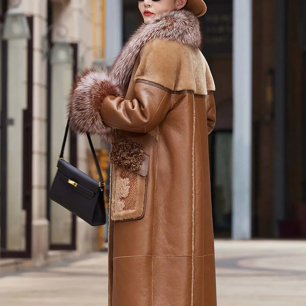 Slim Long Real Leather Jackets Women Fashion Solid Buttons Coats Women Elegant Tie Belt Waist Pockets Jackets Female Ladies