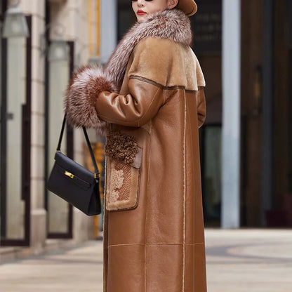 Slim Long Real Leather Jackets Women Fashion Solid Buttons Coats Women Elegant Tie Belt Waist Pockets Jackets Female Ladies