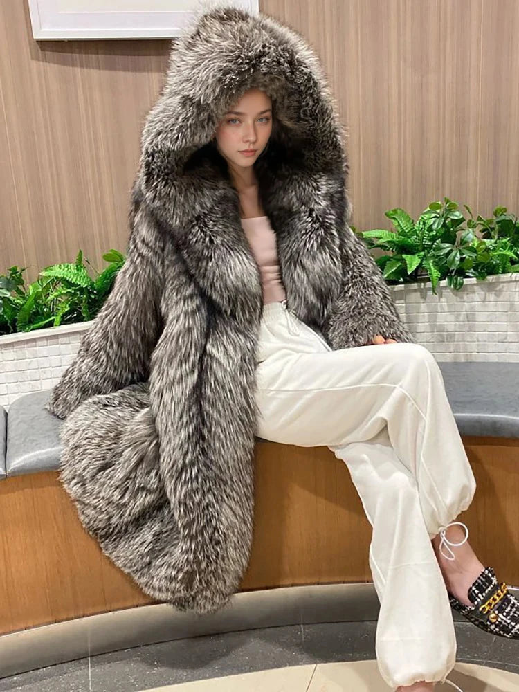 DEAT Fashion Silver Fox Over-knee-length Faux Fur Coat Women's Hooded Loose Plush Jacket Winter New  7A2292