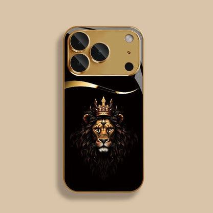 Cool Crown Lion Pattern Gold Metallic Paint Glass Phone Case For iPhone 11 12 13 14 15 16 17 Pro Max 14 Plus 17 Air 16E Cover