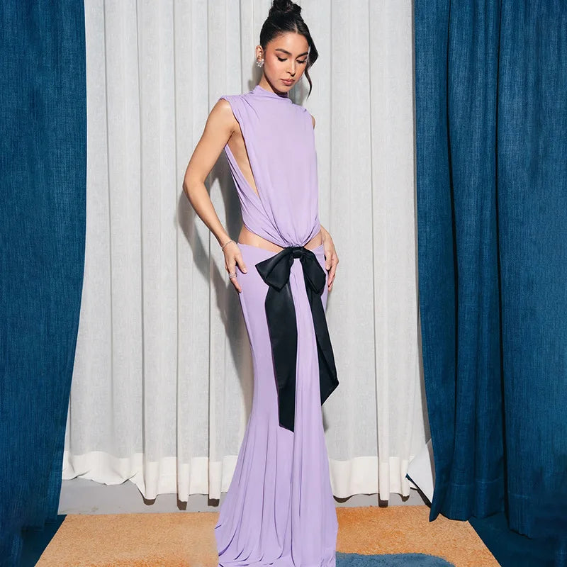 Sexy Elegant Backless Bow Lace Up Maxi Dress Women Sleeveless Hollow Out Party Evening Long Dresses White Purple Robes