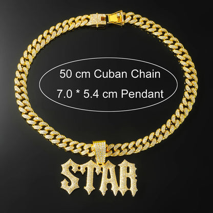 Men Women Hip Hop Letter STAR  Pendant Necklace with Cuban Chain Iced out Bling Necklaces Tennis Chain Fashion Punk Jewelry Gift