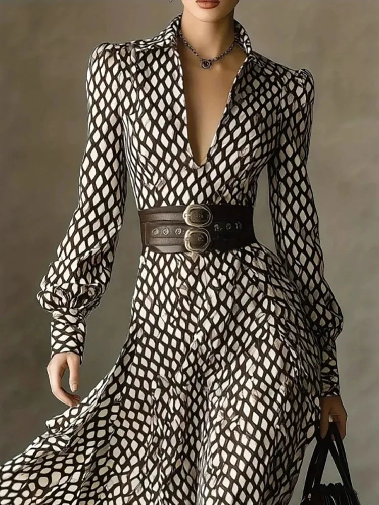 Spring and summer new style lapel print women's long sleeved dress diamond grid waist casual and comfortable dress