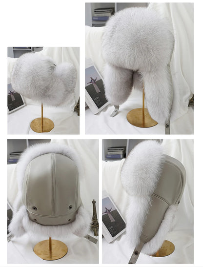 Natural Raccoon Fur Hat Women Black Fox Fur Russian Ushanka Hats Winter Warm Ears Bomber Cap