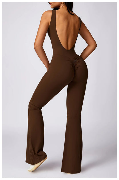 Hollow Out Backless One Piece Yoga Jumpsuit Women Sport Sleeveless Fitness Gym Suit Workout Exercise Skinny Flare Bodysuits